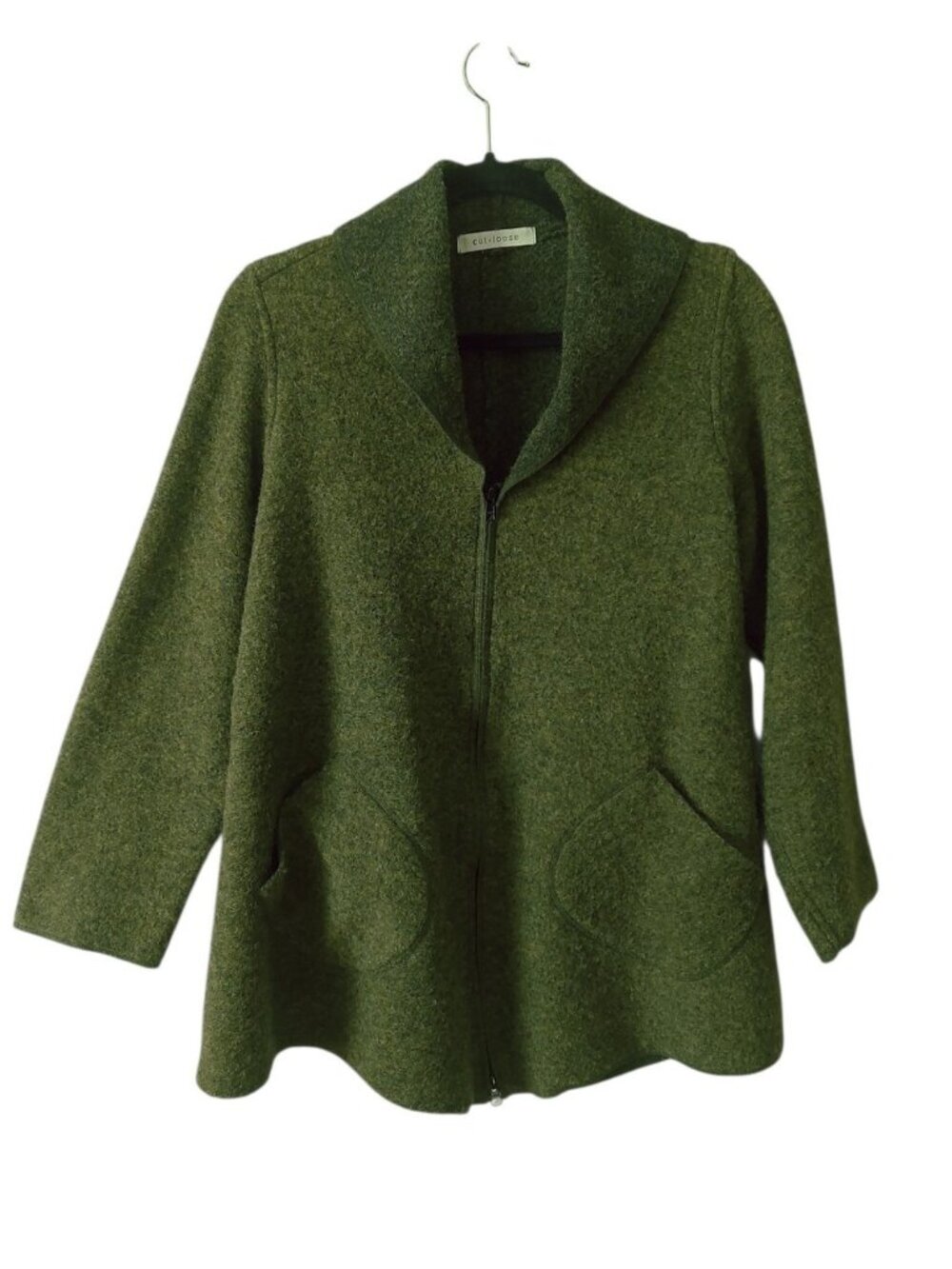 Cut Loose Women Slouchy Zip-Up Wool Cardigan Jacket Green Layering Shawl Collar